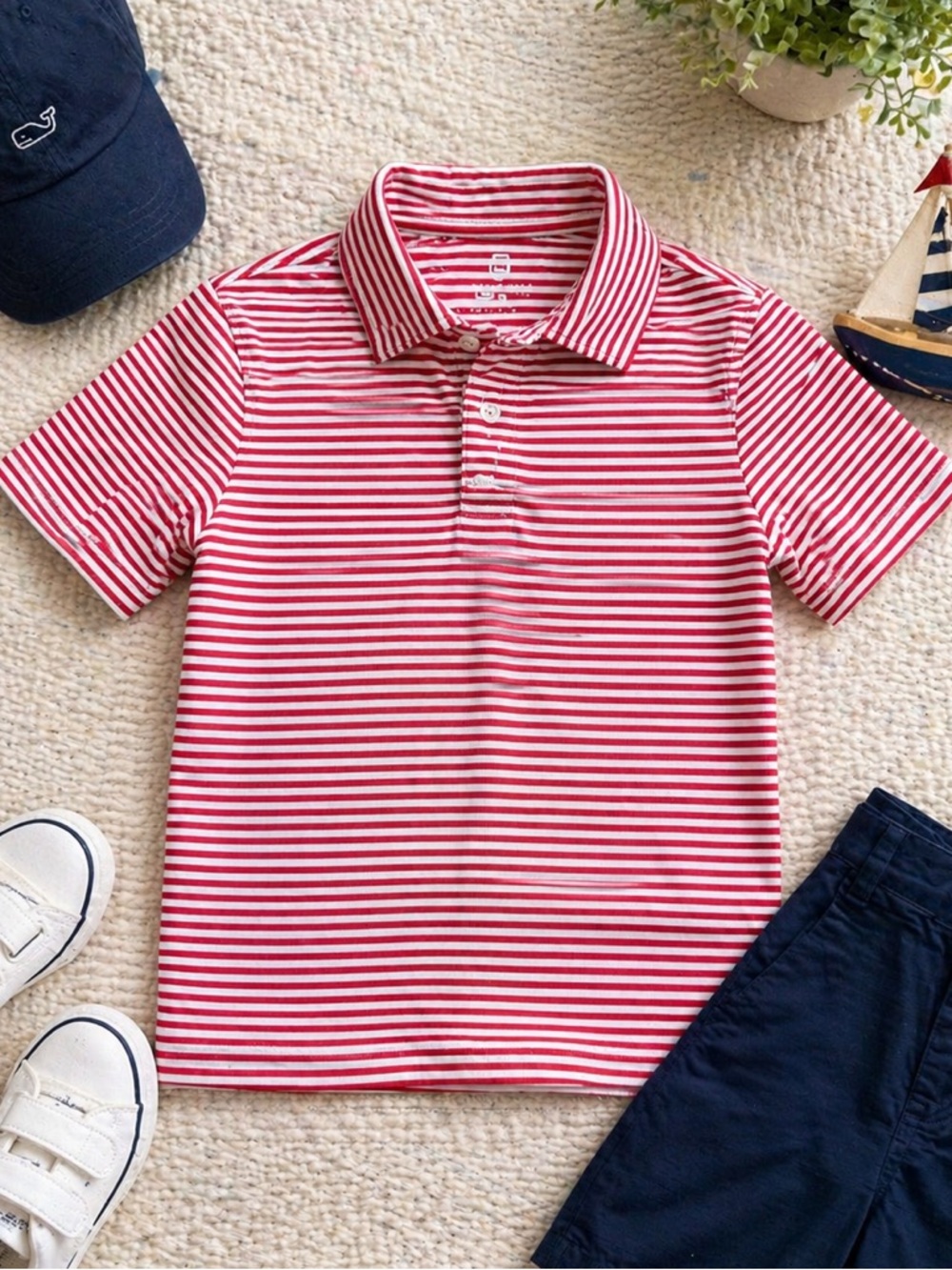 Class Club Boys Red White Striped Polo Shirt Size 6/7 Performance Stretch